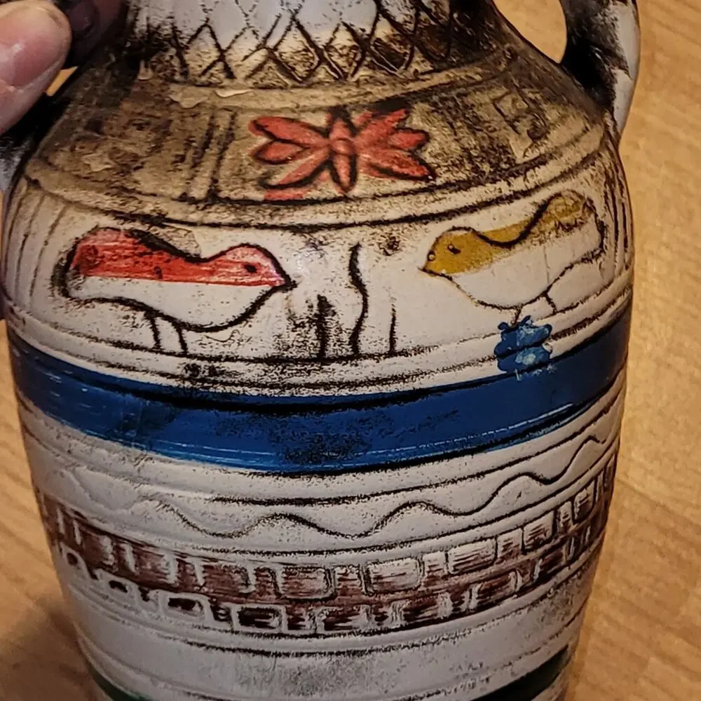 Vtg Handcrafted Ceramic Pottery Vase Folk Art Birds Primative Rustic Farmhouse - Picture 2 of 8